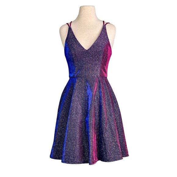 Xscape Purple Blue Glittery Multichrome V-Neck Fit & Flare Mini Dress Sz 4 NEW - Picture 1 of 11